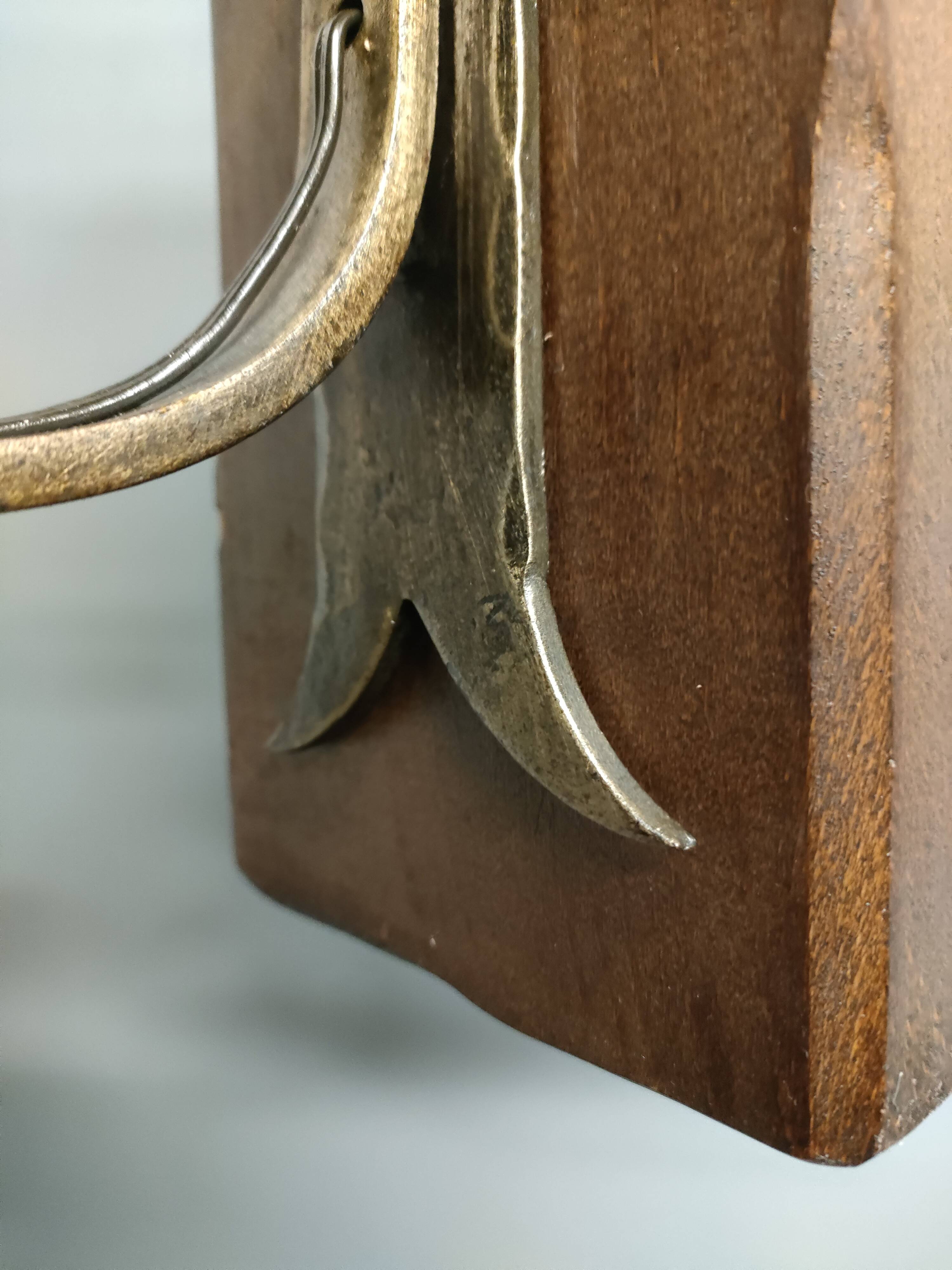 Medieval 2-light chandelier ~ hammered and patinated wrought iron ~ oak ~ 60s ~ France