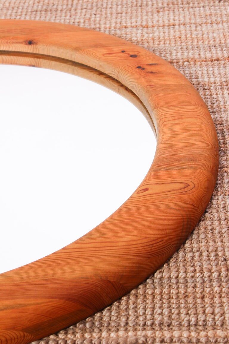 Mid-century oval mirror in solid pine Sweden 1960s 120x95cm
