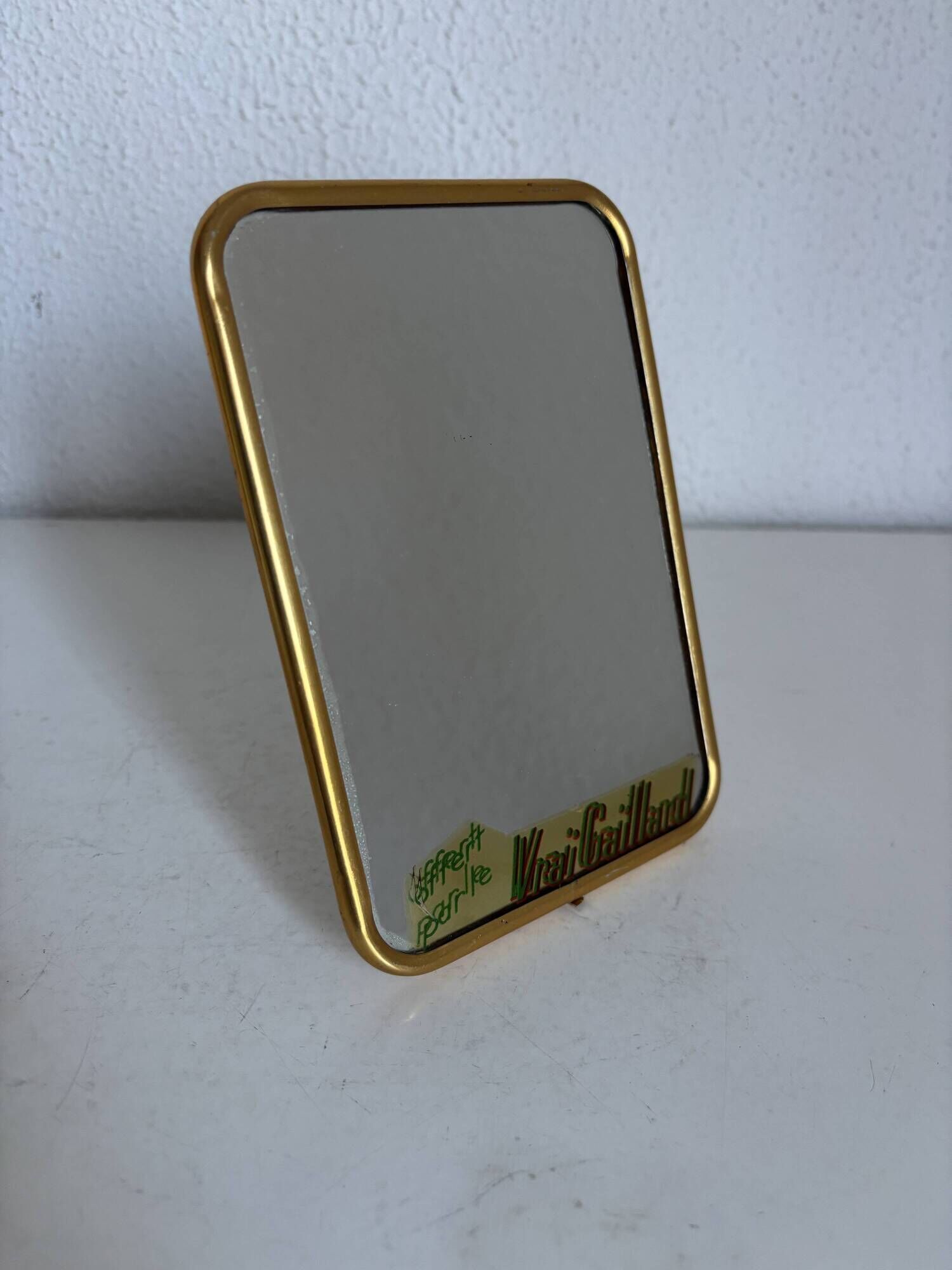 Vintage 1960 barber mirror, shaving or travel, gold and blue - 16 x 11 cm