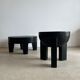 Black mango wood tripod side table with a semi-spherical top, height: 45 cm, diameter: 44 cm.