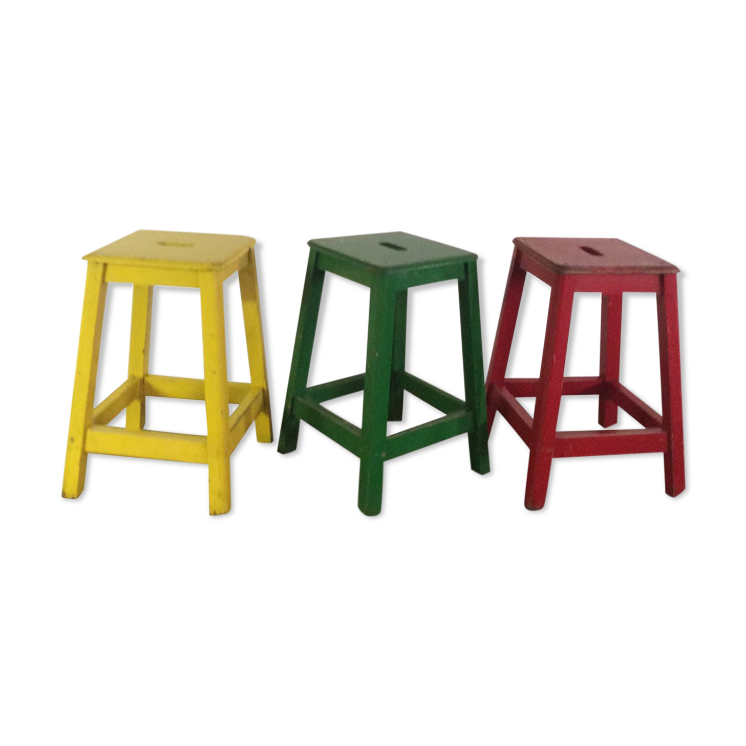 Three wooden stools with a handle