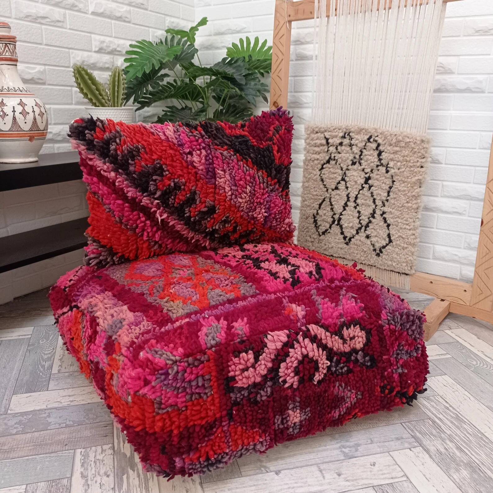 Berber pouf and handmade wool cushion 60 X 60 X 20 CM