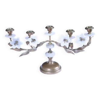 19th century brass church candelabra, 5 branches, opaline flowers