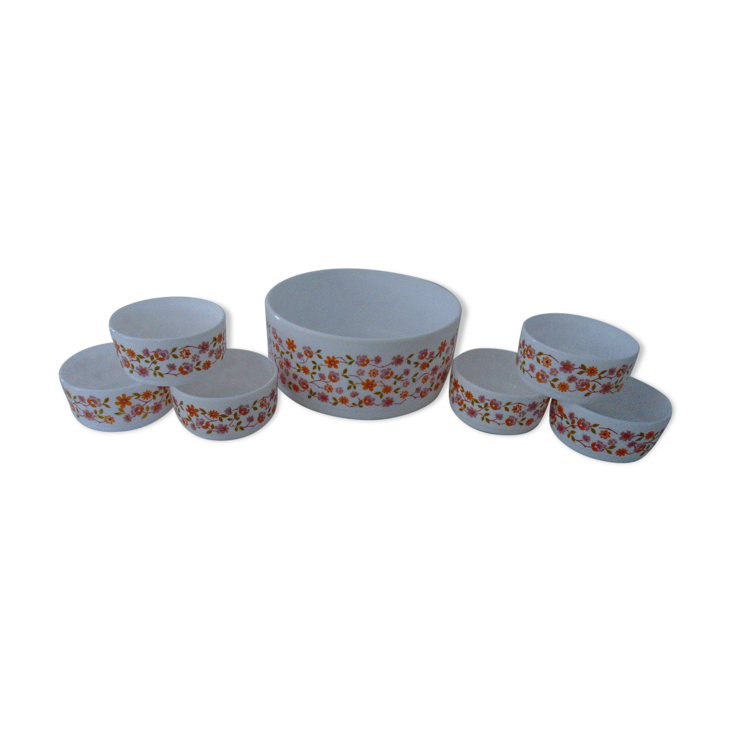 Saladier - t 6 cups scania orange flowers vintage arcopal