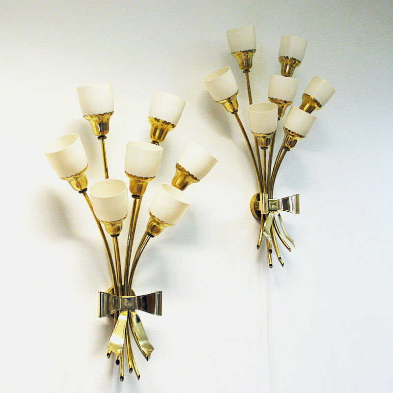 Vintage bouquet modern design brass wall lamp pair from the 1940s
