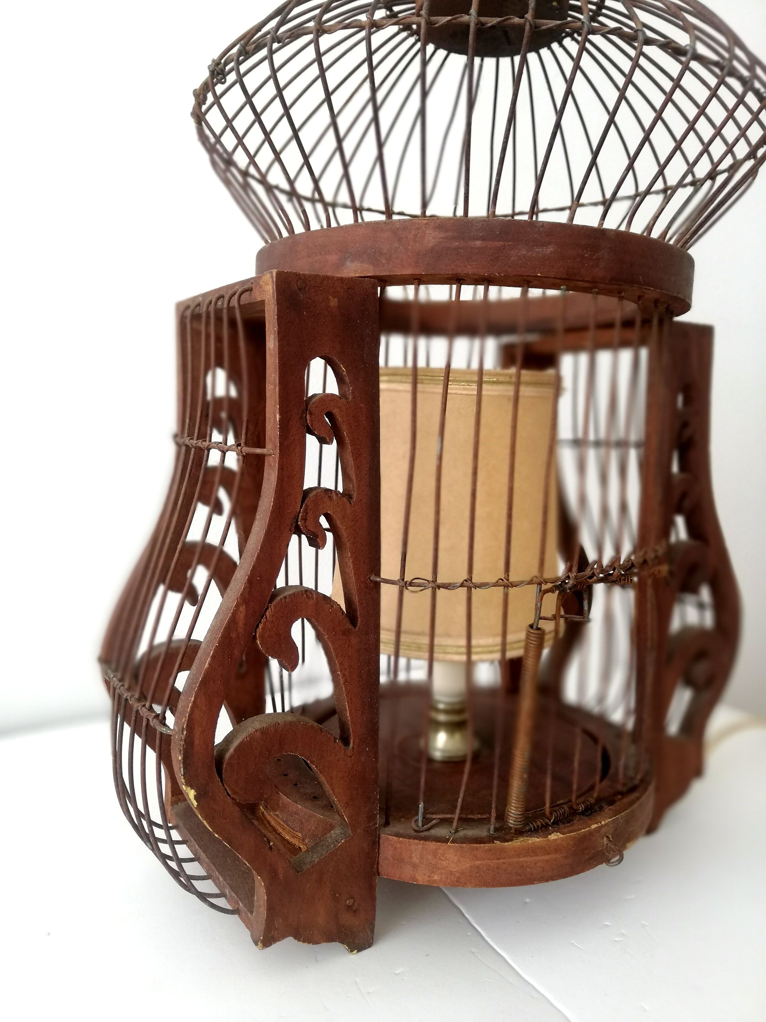 Antique wooden birdcage table lamp light bird home vintage
