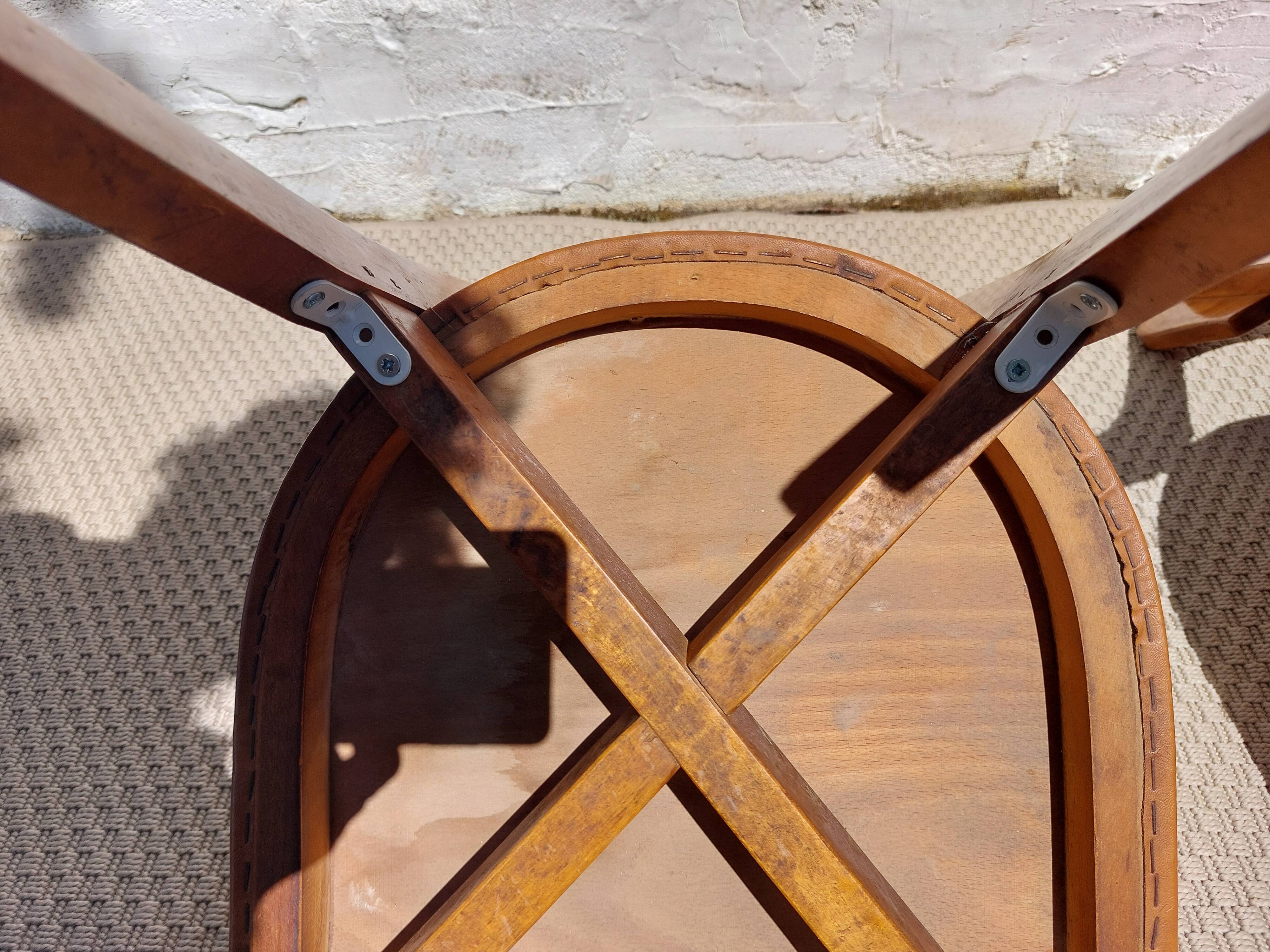 6 vintage 1960s wooden bistro chairs with camel faux leather.