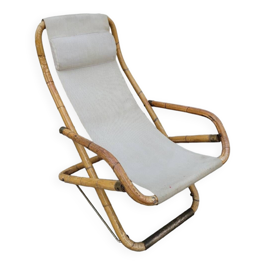 Fauteuil chaise longue transat vintage en bambou 1950s Italy