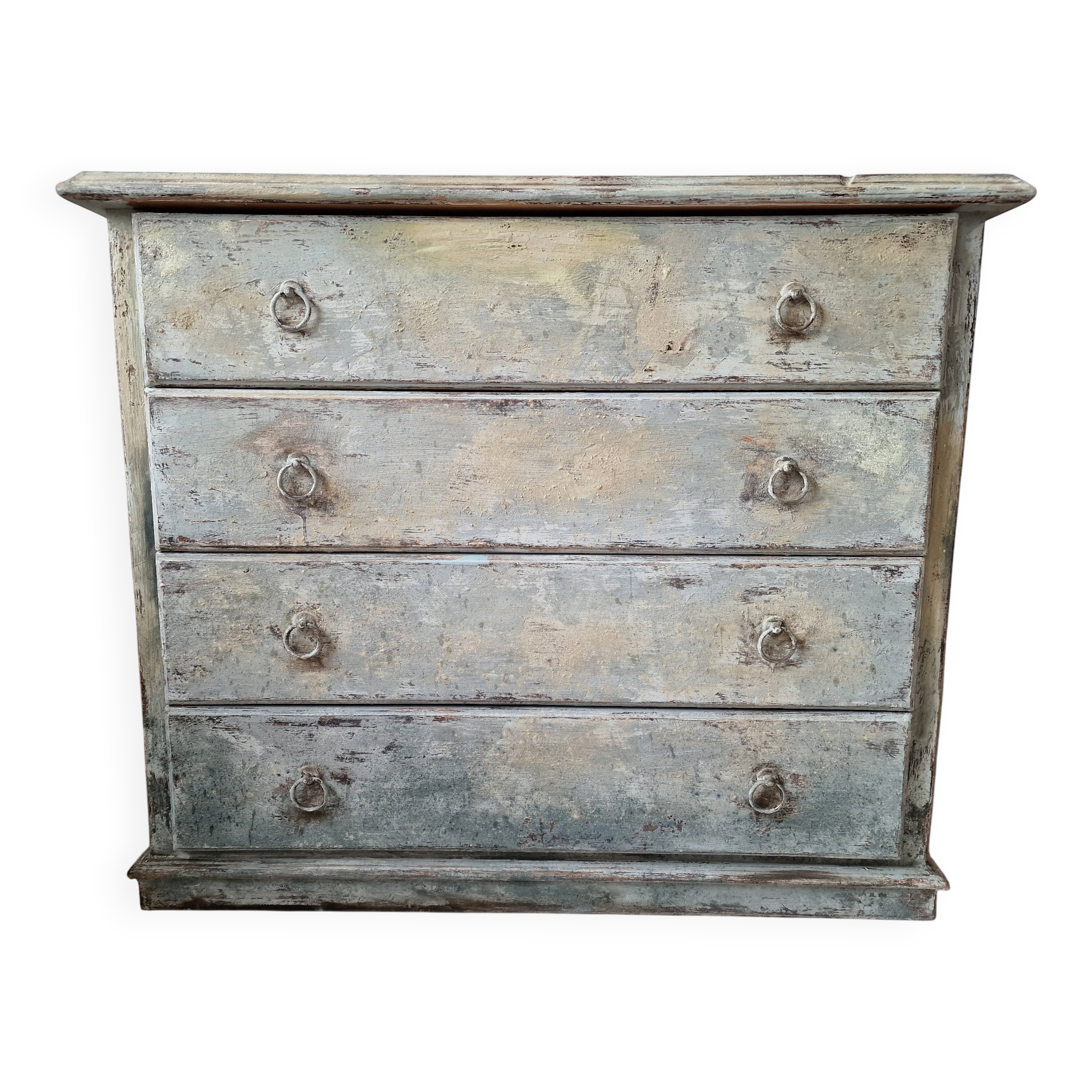 Commode patinée beige et bleu style wabi sabi