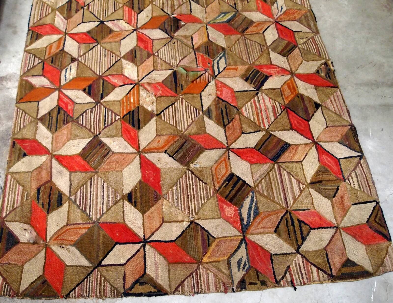 Handmade antique American Hooked geometric rug 4.8' x 7.7' (146cm x 234cm) 1900s - 1B654