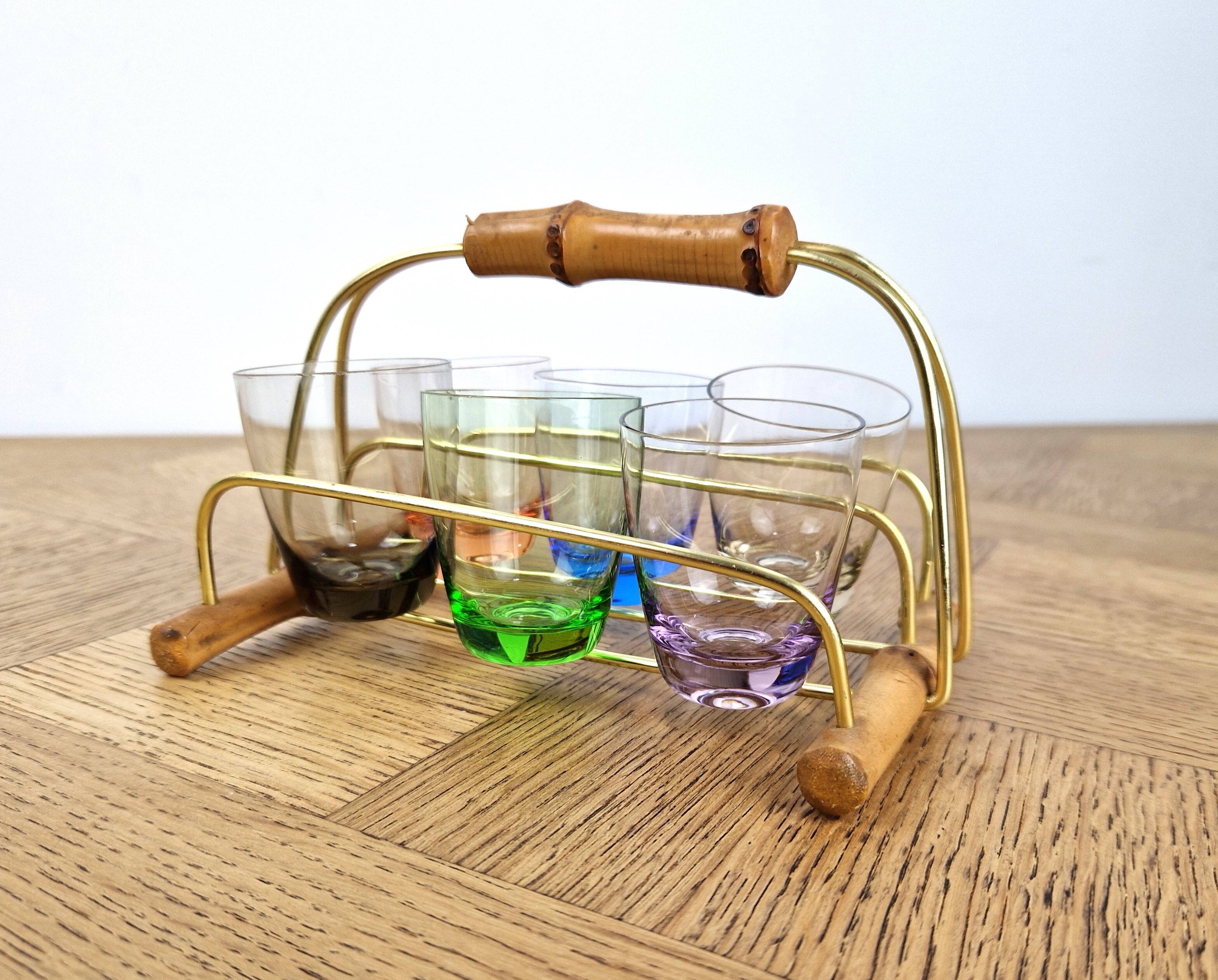 6 Old multicoloured liqueur glasses with bamboo stand