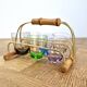 6 Old multicoloured liqueur glasses with bamboo stand