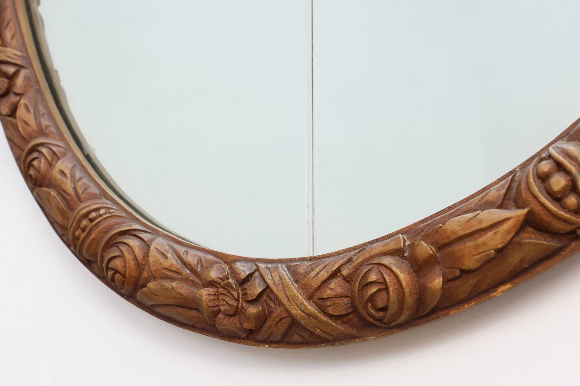 French oval gilded oak  carved art deco mirror, ca. 1925