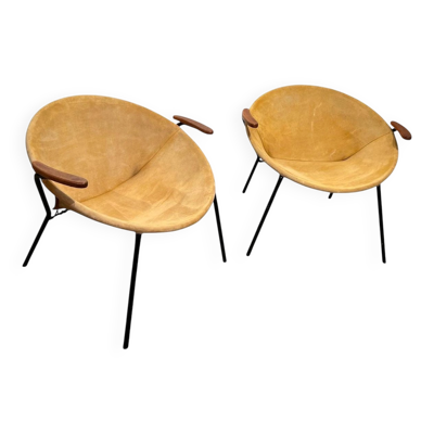 Ensemble de fauteuils lounge en cuir suédé jaune attribués à Hans Olsen, Danemark, années 1960.