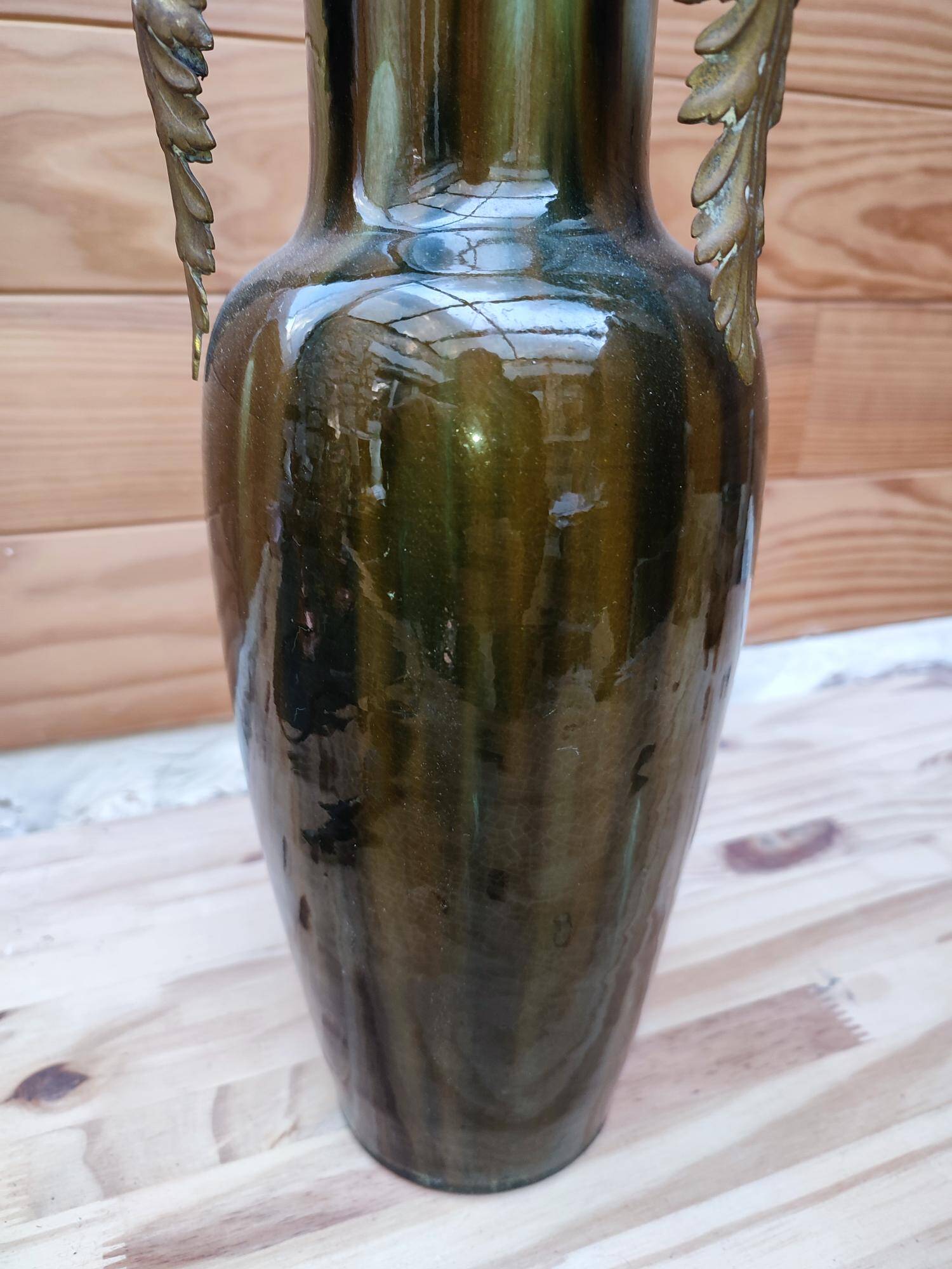 Ceramic vase with dripping in the style of jerome massier or belgian work with bronze handles