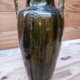 Ceramic vase with dripping in the style of jerome massier or belgian work with bronze handles