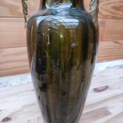 Ceramic vase with dripping in the style of jerome massier or belgian work with bronze handles