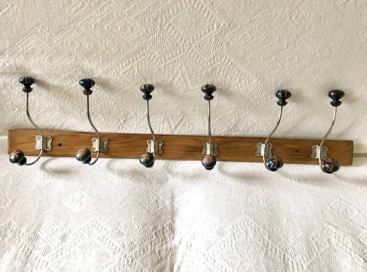 Wooden coat hook with 6 double hooks