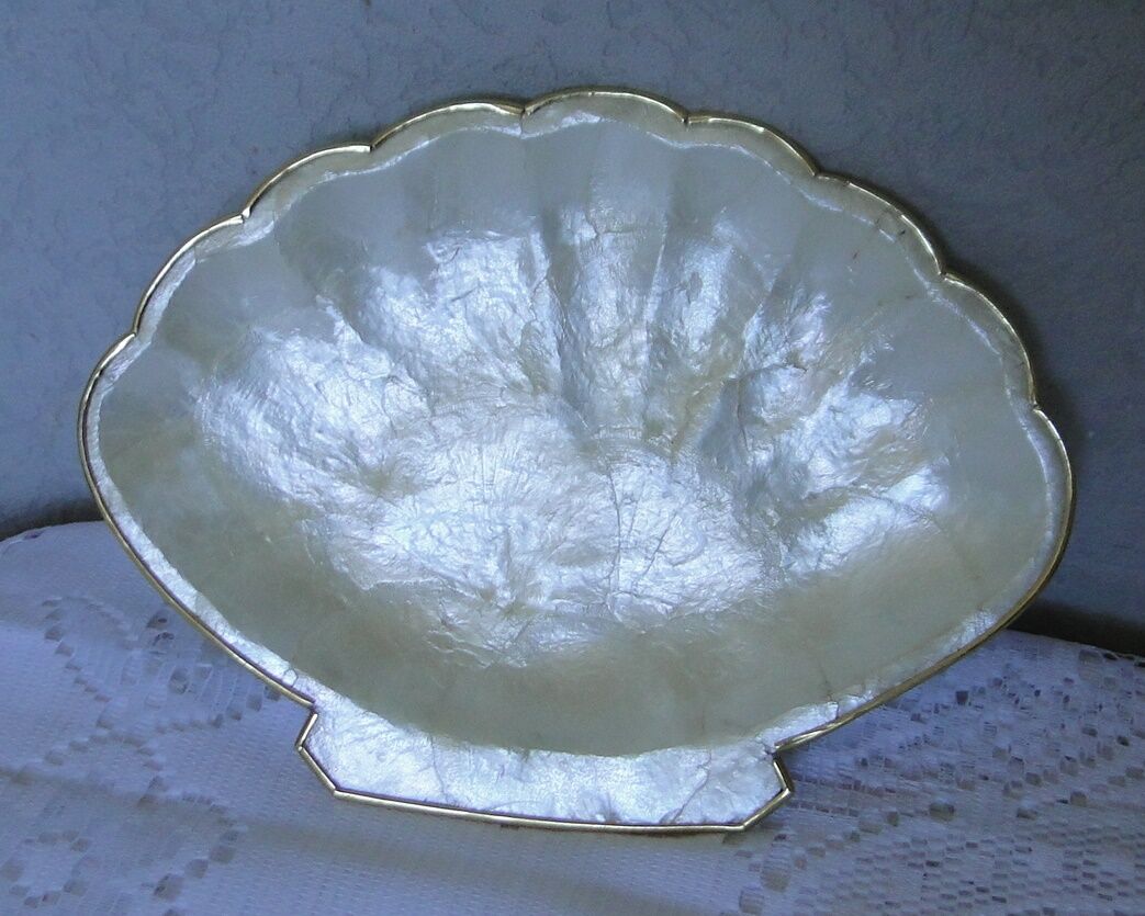 Empty pocket or soap holder in white mother-of-pearl shape scallop shell