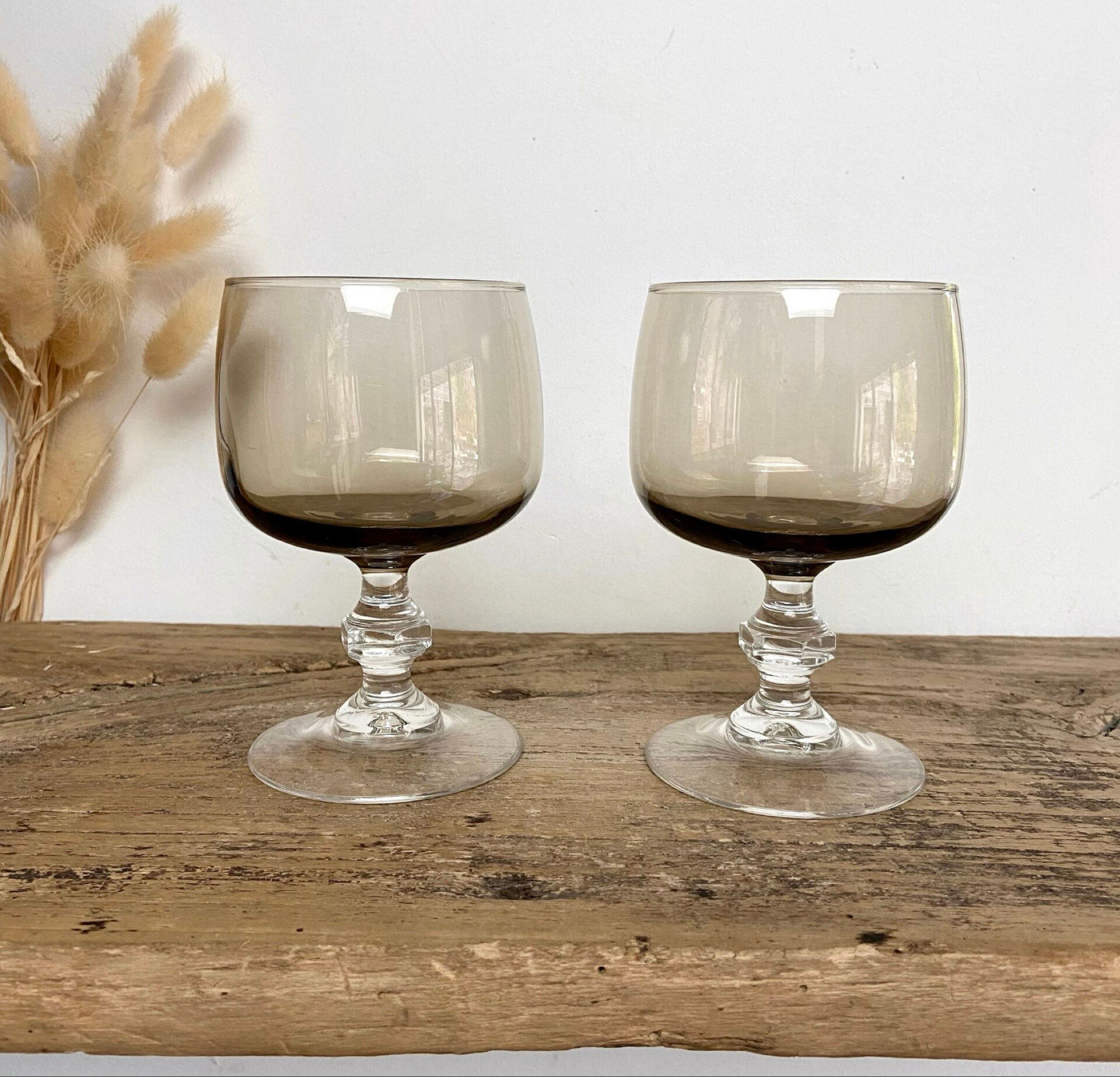 6 vintage smoked stemmed glasses