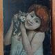 Portrait enfant et chat sur panneau de bois