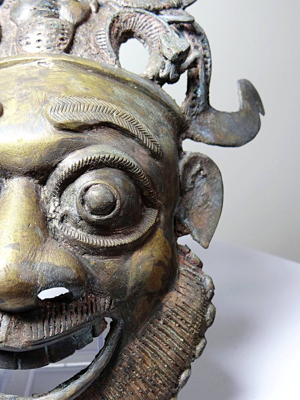Vintage African bronze mask from Bamoun, Cameroon