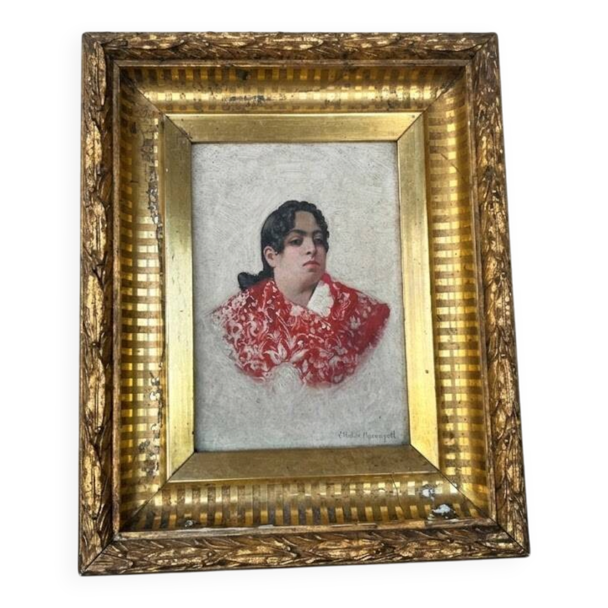 Old Table XIX Portrait of a Woman in Traditional Costume - Signed Célest