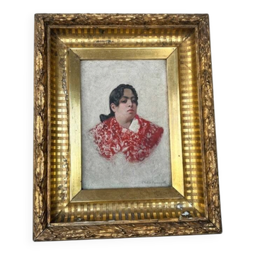 Old Table XIX Portrait of a Woman in Traditional Costume - Signed Célest