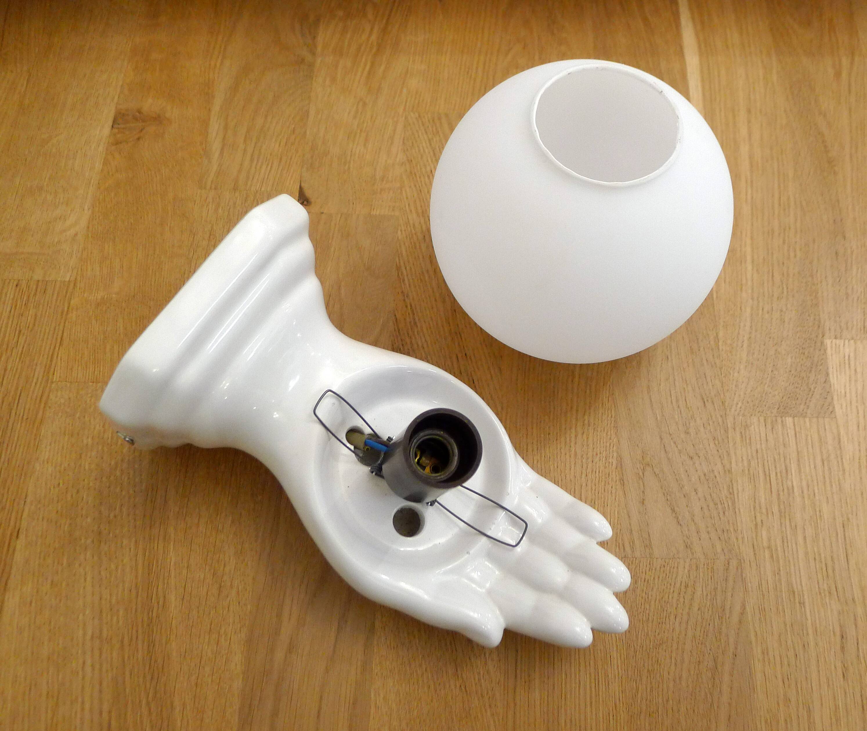 Vintage wall lamp with outstretched hand & opaline globe