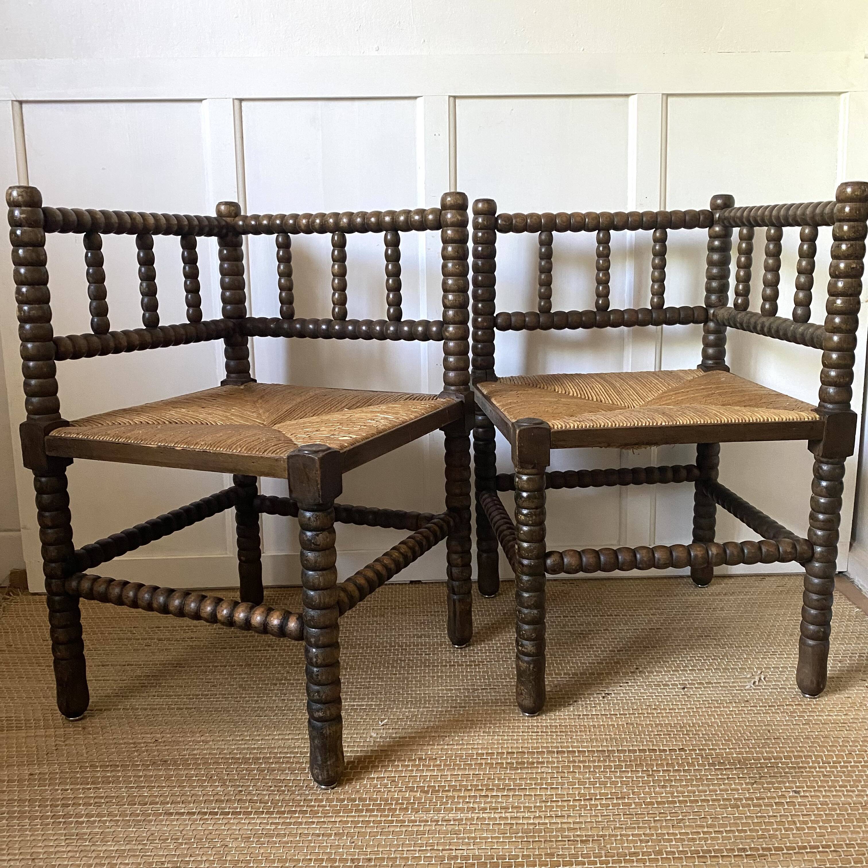 Pair of turned wood corner chairs, fireside chairs