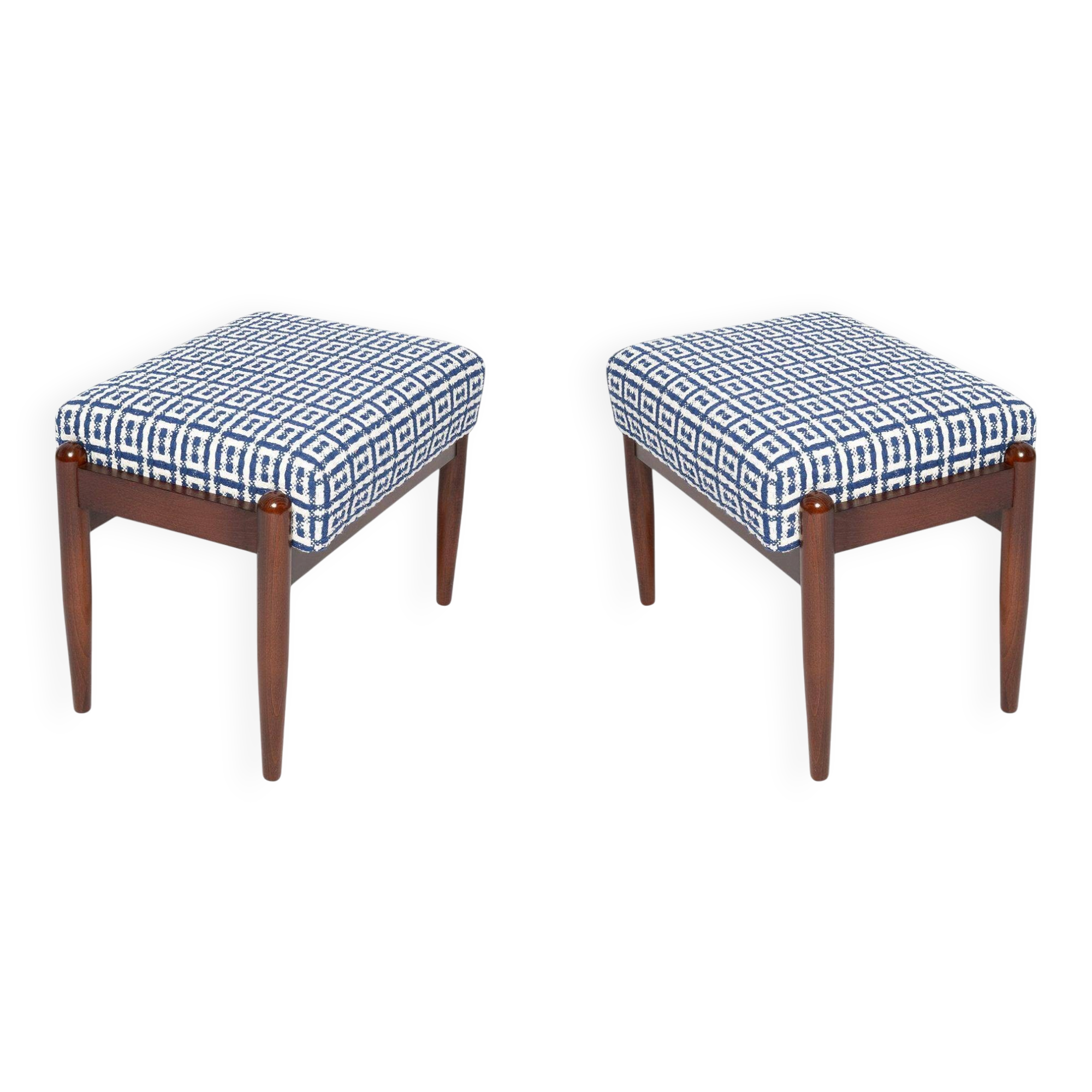 Pair of GFM mid-century stools in Dedar jacquard tweed, E. Homa, Europe, 1960s.