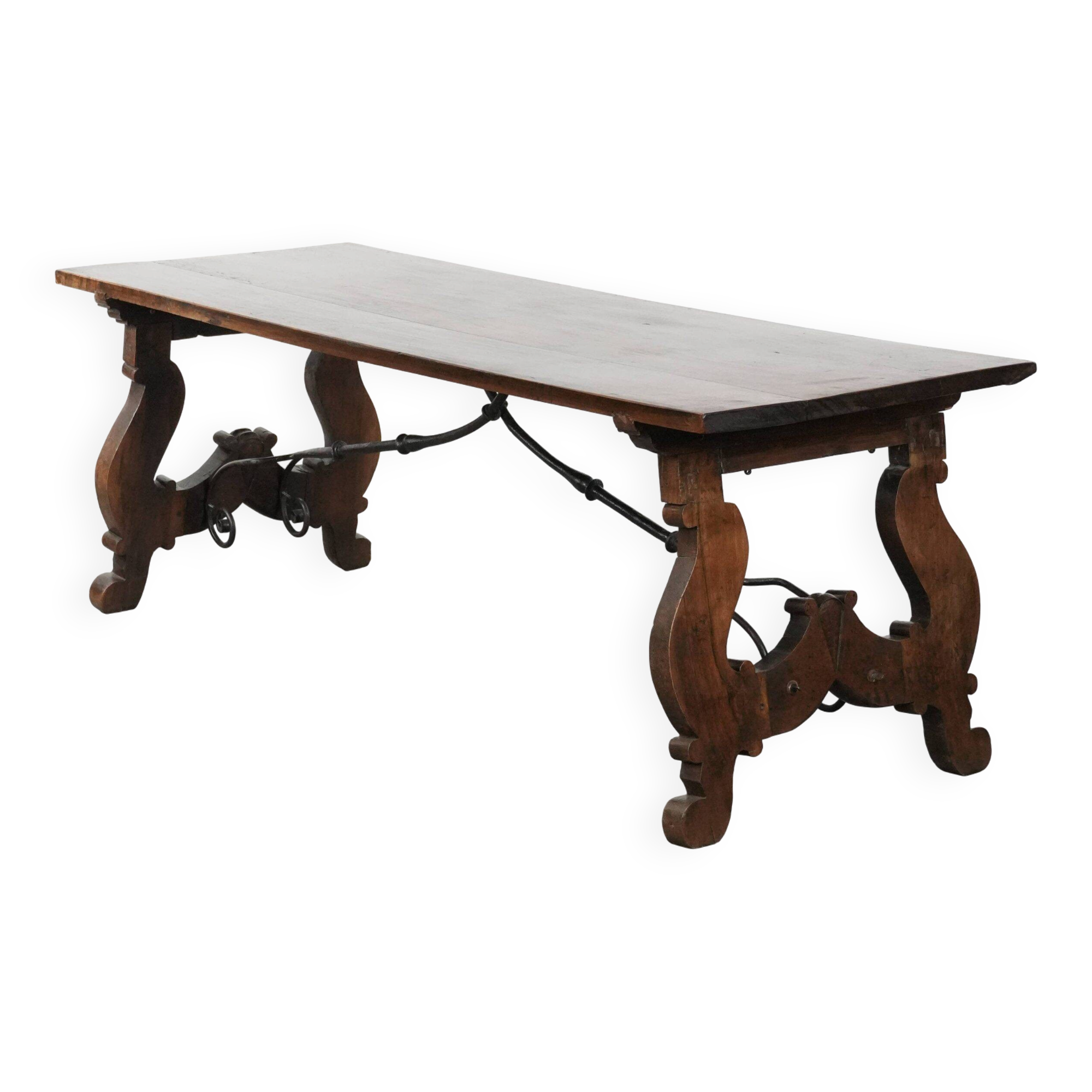 Antique 18th-century Spanish dining table with a wrought iron base