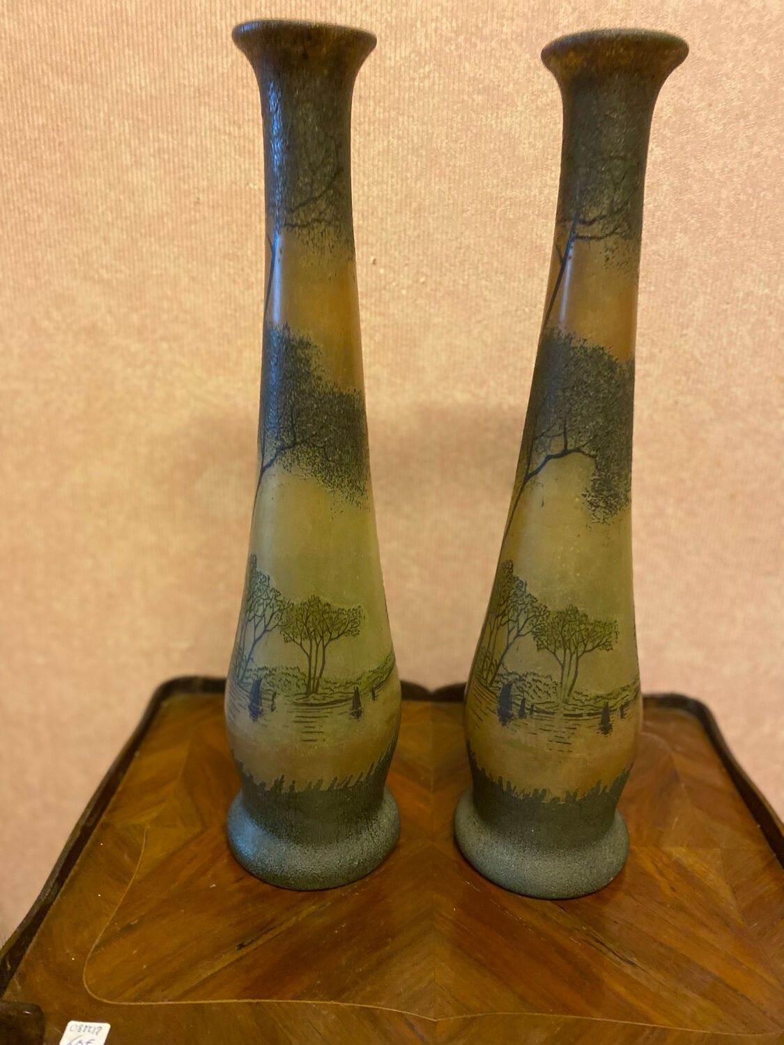 Pair of frosted glass vases, lake scene