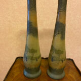 Pair of frosted glass vases, lake scene