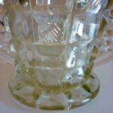 Thick, molded glass ear vase, art deco period and style, stylized leaves and grapes