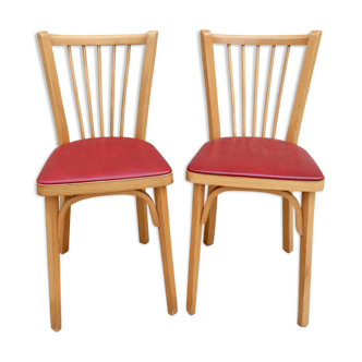 Pair of baumann bistro chairs, wood and red skai
