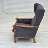 1970s, highback Danish armchair with footstool, furniture wool fabric, oak.
