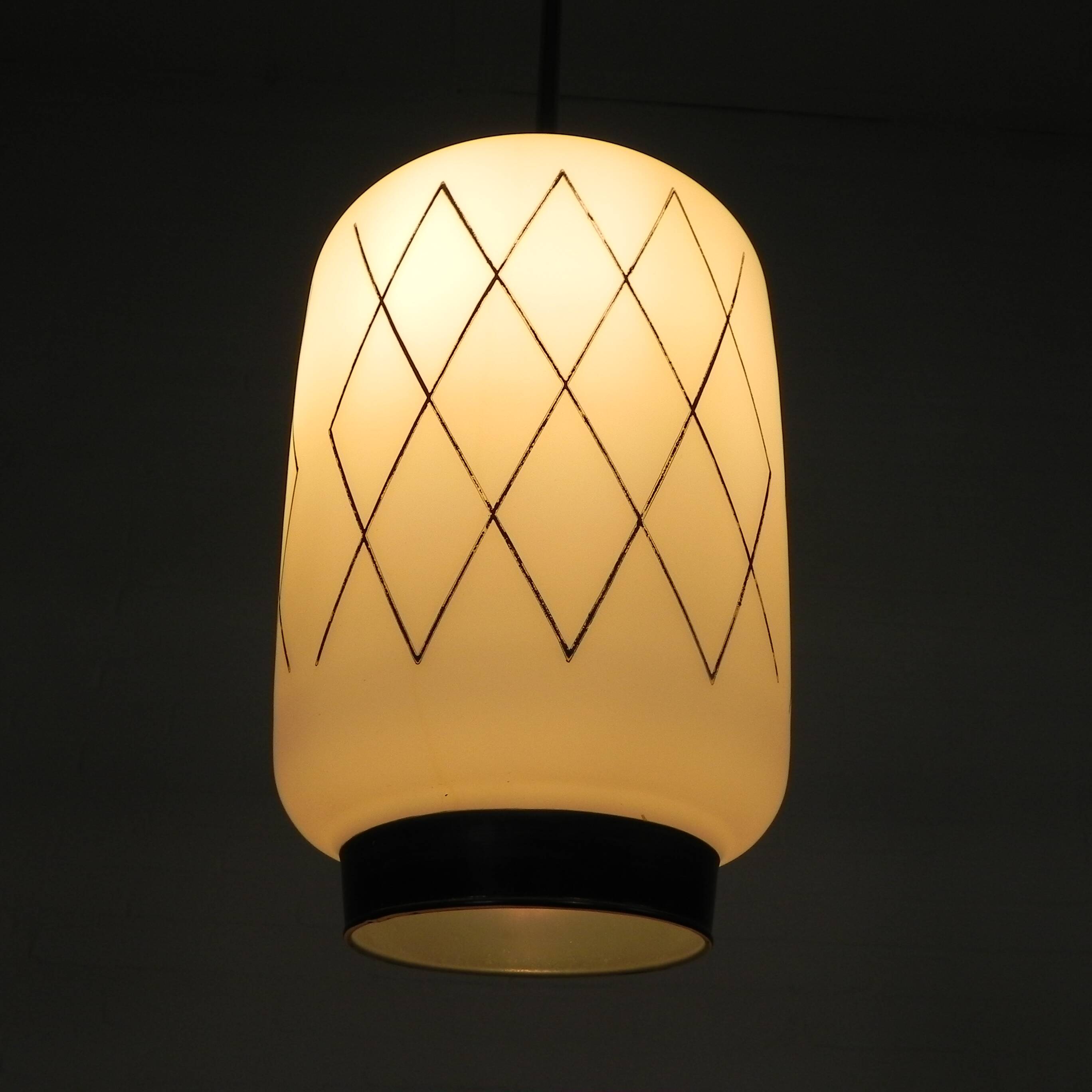 Vintage suspension with opaline lampshade and black decoration, 1950s.