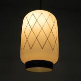 Vintage suspension with opaline lampshade and black decoration, 1950s.