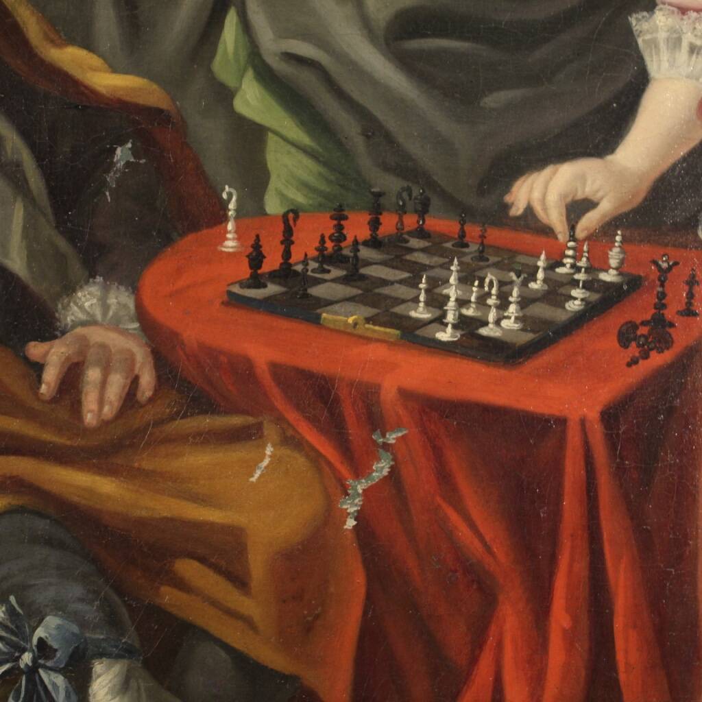 French painting from the 18th century, couple playing chess