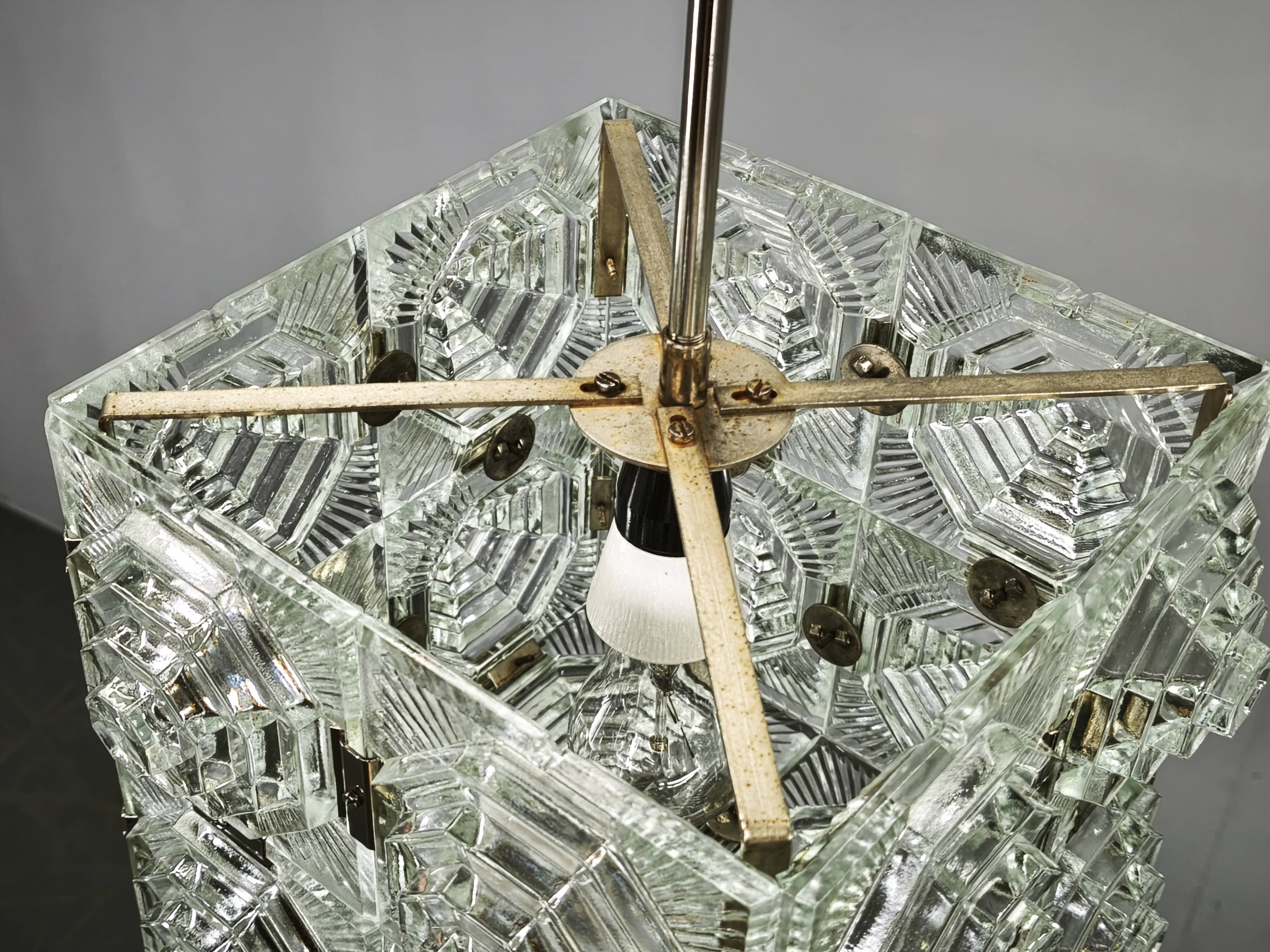 1970s Brutalist Glass Cube Pendant, Kamenický Šenov