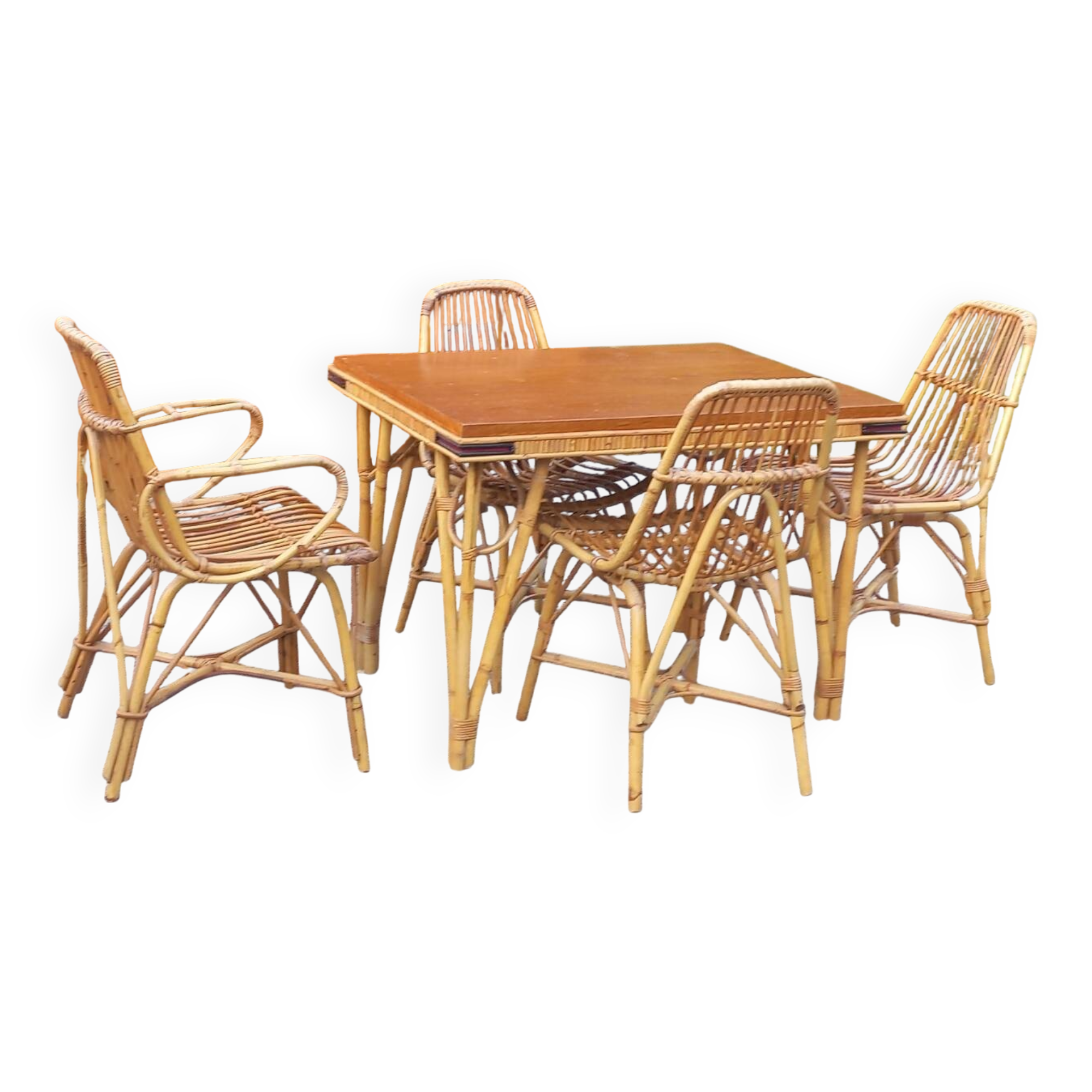 Vintage dining room attributed to Audoux and Minet in bamboo and rattan