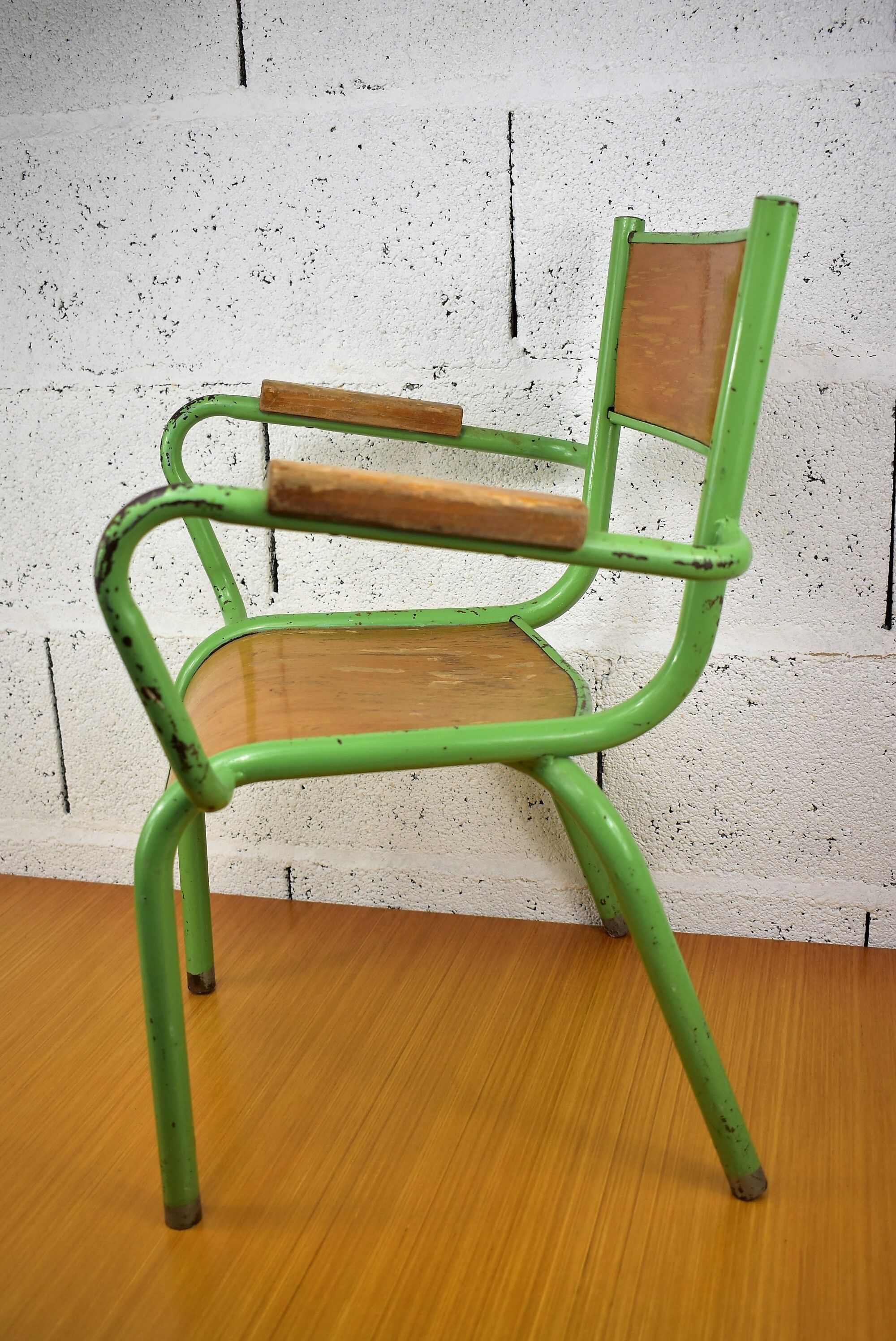 Metal and wood school chair with armrest