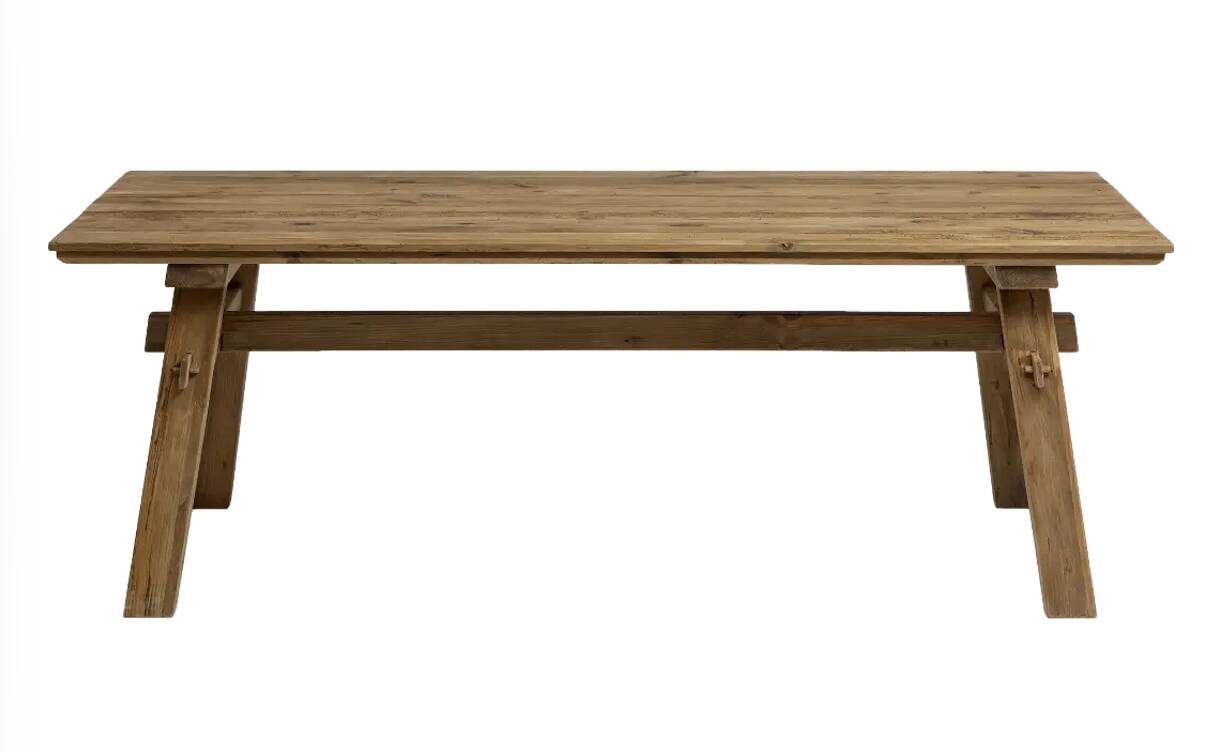 Dining table in natural wood, 220 x 100 x 77 cm, recycled pine.