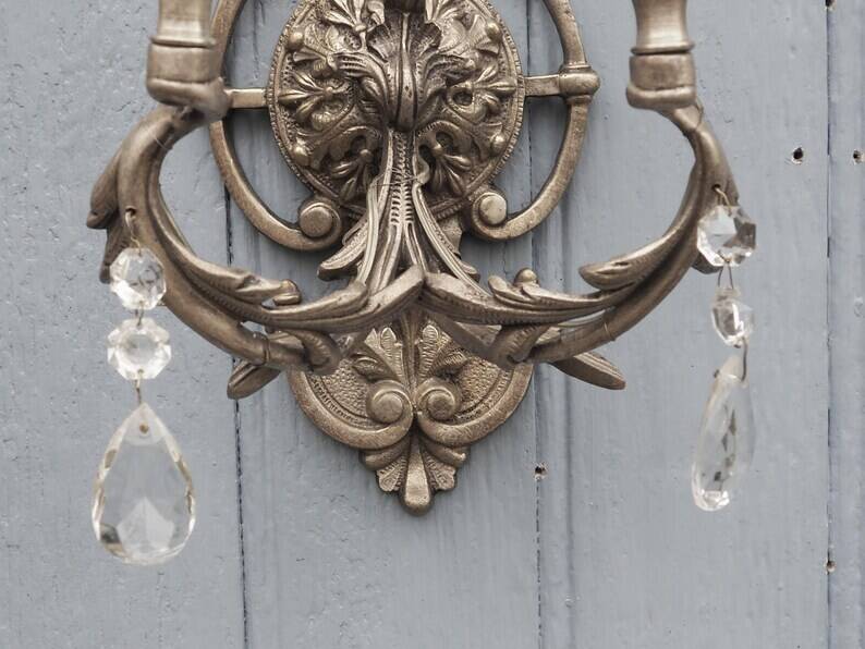 Italian Hollywood Regency Crystal Wall Lights – Silvered Metal Double Arm Light