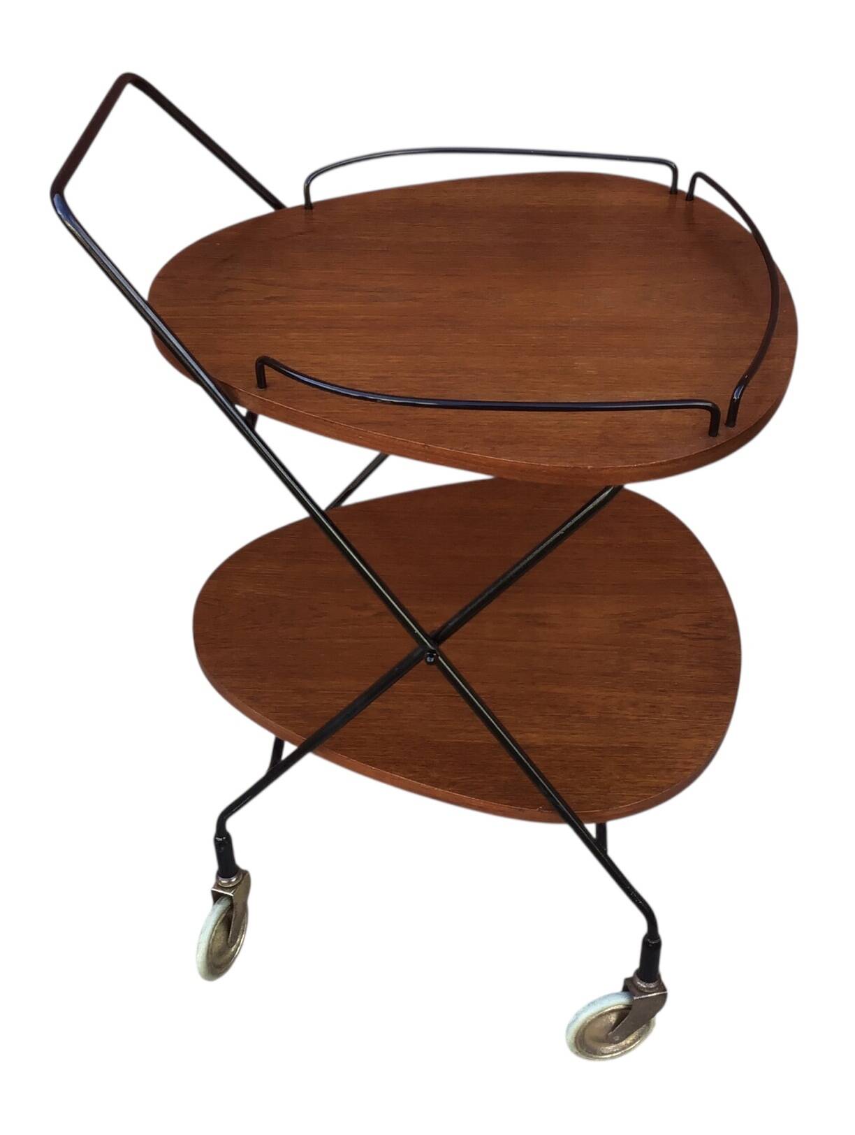 Vintage Scandinavian serving trolley in teak and metal, metal wheels, 1960s