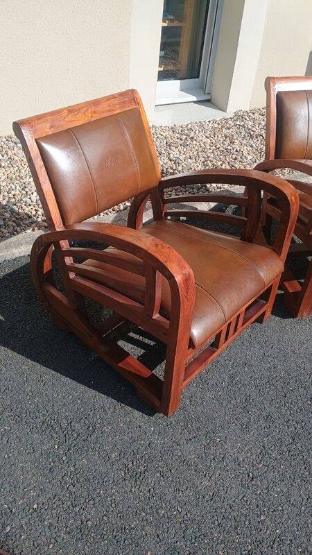 Pair of Club Ship Chairs Art Deco – Solid Wood & Brown Leather/Leatherette