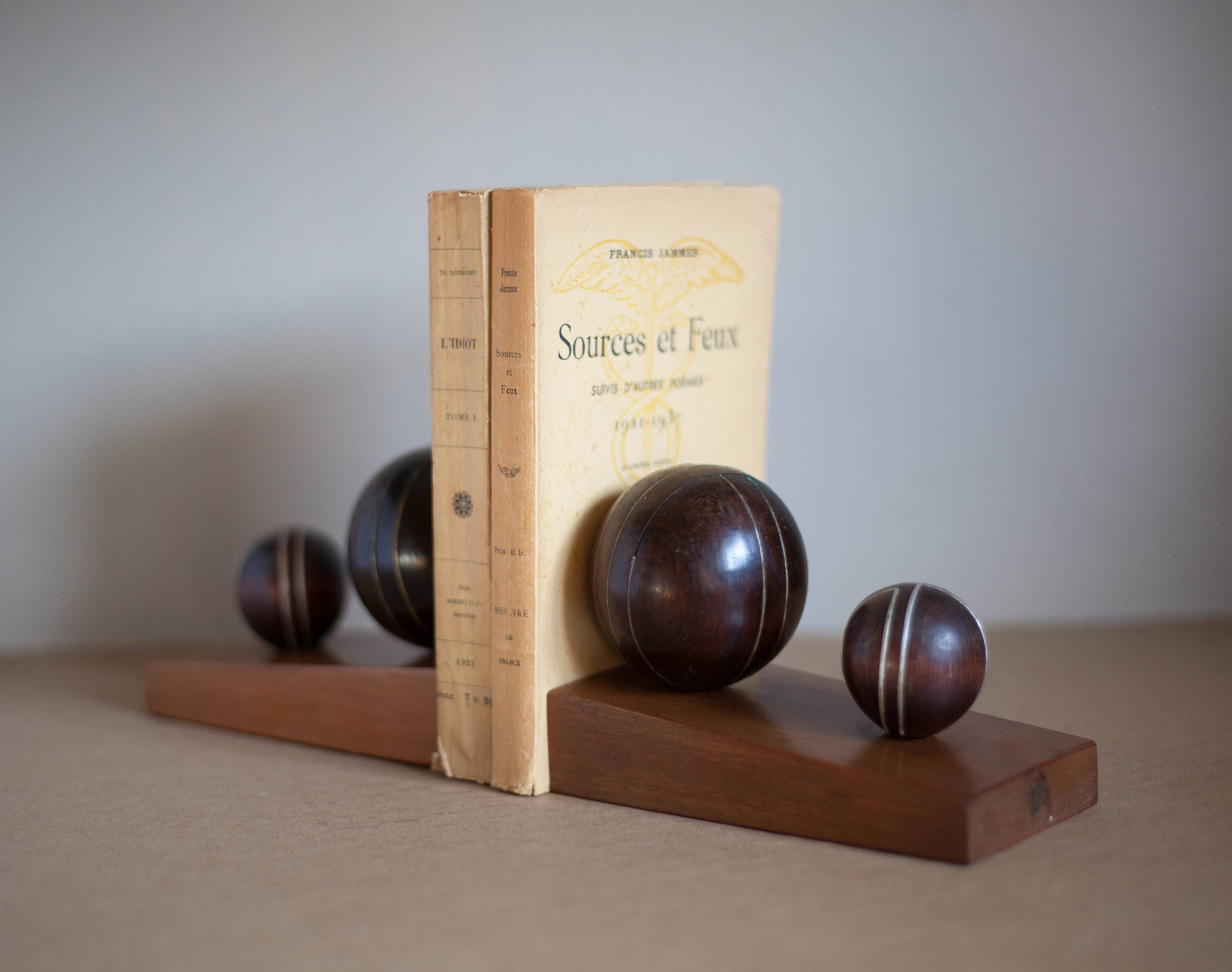 Serre-Livres Art déco, serre-livres bois, serre-livres boule, bibliothèque, 40's