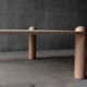 Square bass table in travertine and solid wood - 70s