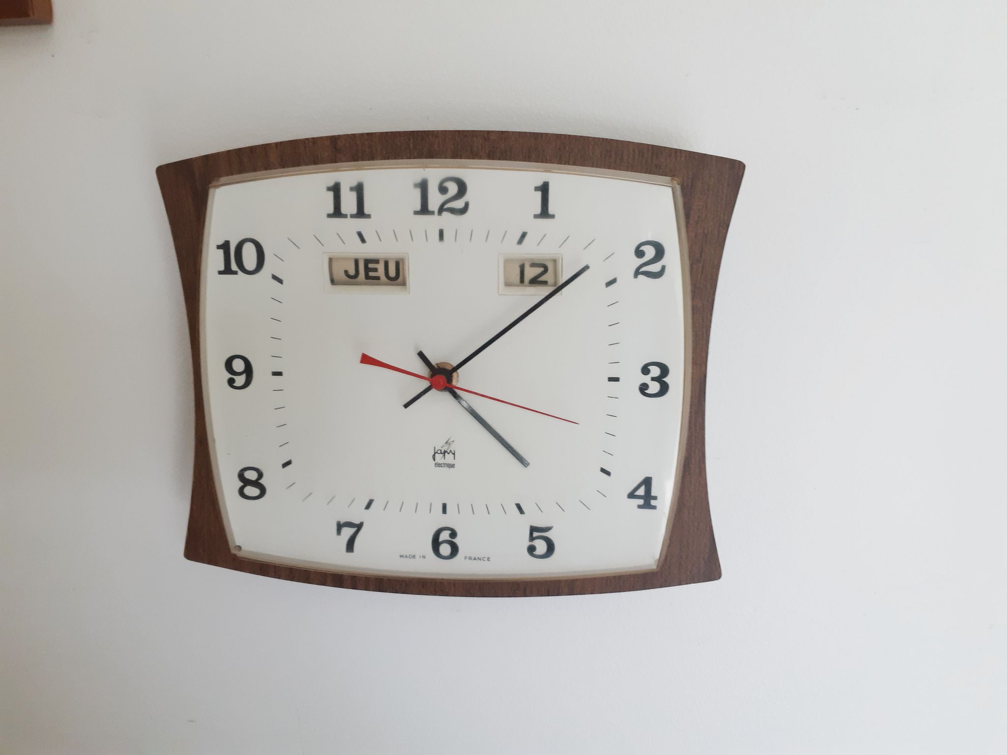 Calendar clock in brown formica, vintage, 50s, functional